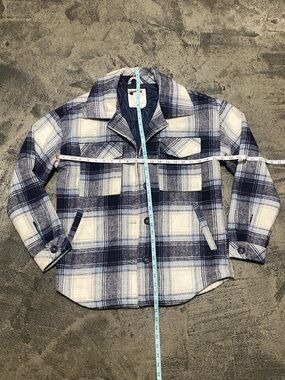 Garage Men's Blue and Cream Plaid Bomber-Style Jacket